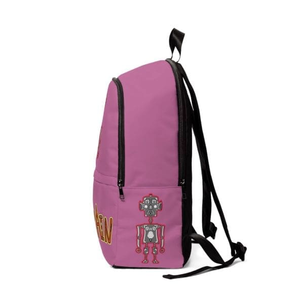 Unisex Fabric Backpack, pink robot funky design. - Image 3