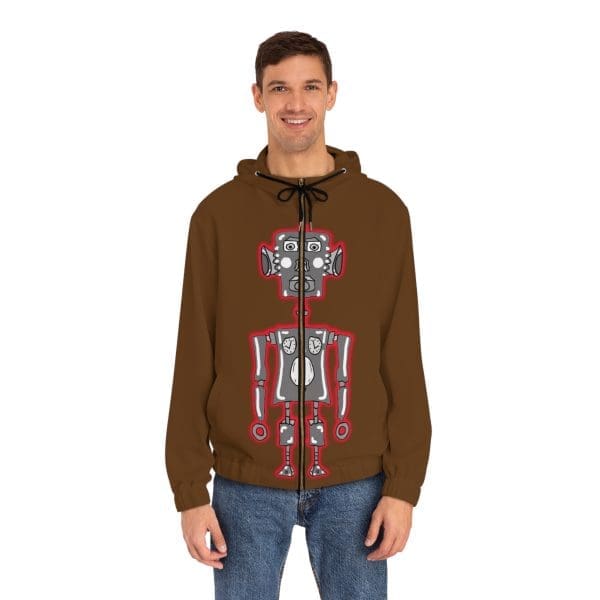 Men's Full-Zip Hoodie, brown, red silver robot design.