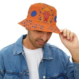 Bucket Hat, orange blue dots, psychedelic face.
