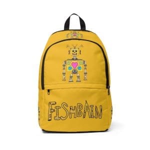 Unisex Fabric Backpack, yellow, funky robot.