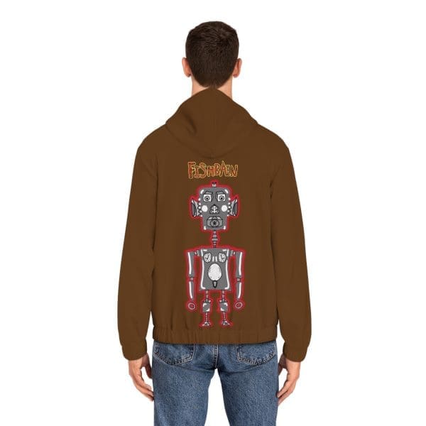 Men's Full-Zip Hoodie, brown, red silver robot design. - Image 4