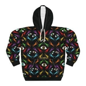 Unisex Pullover Hoodie,Black funky clothing, eyes colorful.