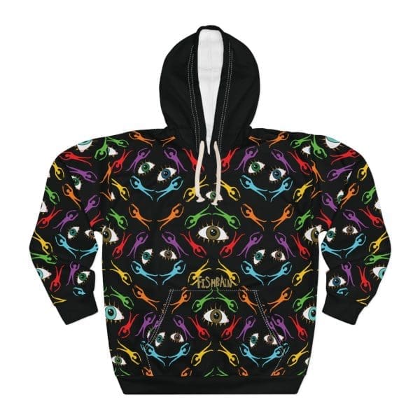Unisex Pullover Hoodie,Black funky clothing, eyes colorful.