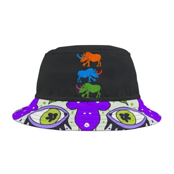 Bucket Hat, animal, trippy, black perple funky clothing.