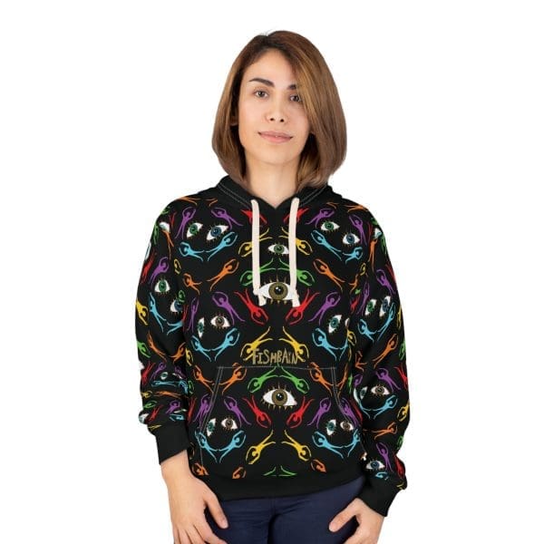 Unisex Pullover Hoodie,Black funky clothing, eyes colorful. - Image 3