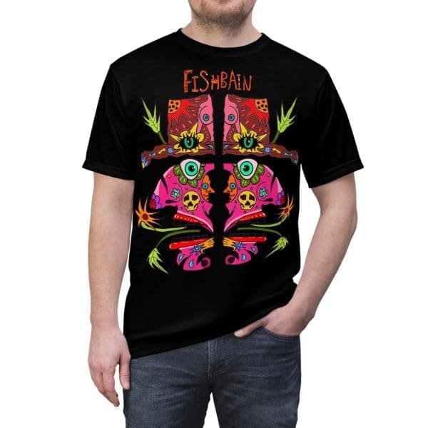Unisex Cut & Sew Tee, black psychedelic face's design T-shirt.