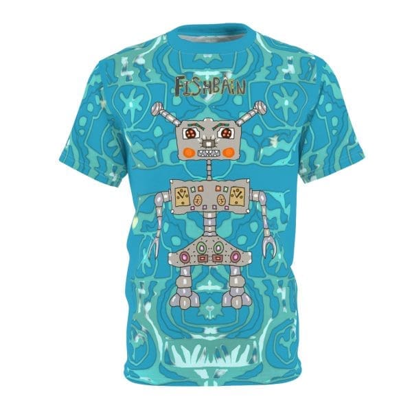 Unisex Cut & Sew Tee, turquoise blue, funky robot clothingT-shirt. - Image 2
