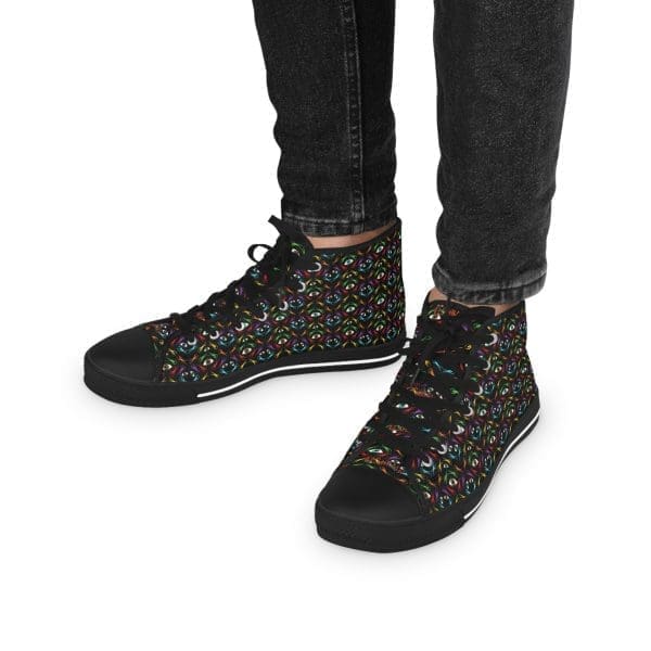Men's High Top Sneakers, black perple green psychedelic walk.