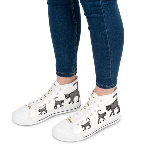 Women's High Top Sneakers, white, black cat's walking design.