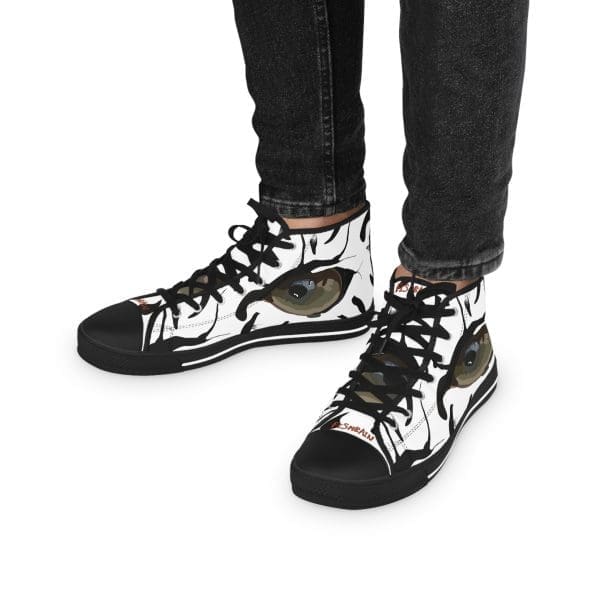 Men's High Top Sneakers, black and White Tiger eye design.