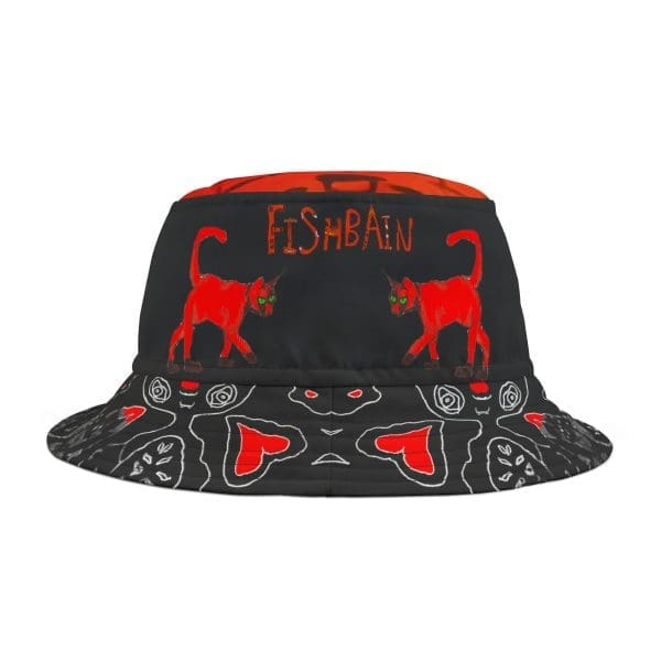 Bucket Hat stylish, black, red cat,, pure drip,, urban.